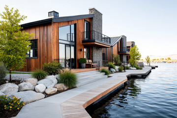 sleek sustainable lake houses built into natural shoreline with private docks, exclusive community setting