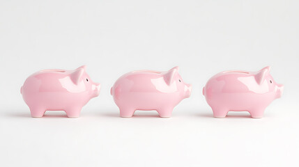 Three pink piggy banks stand in a row against a plain white backdrop, symbolizing saving, finance, and economic planning.