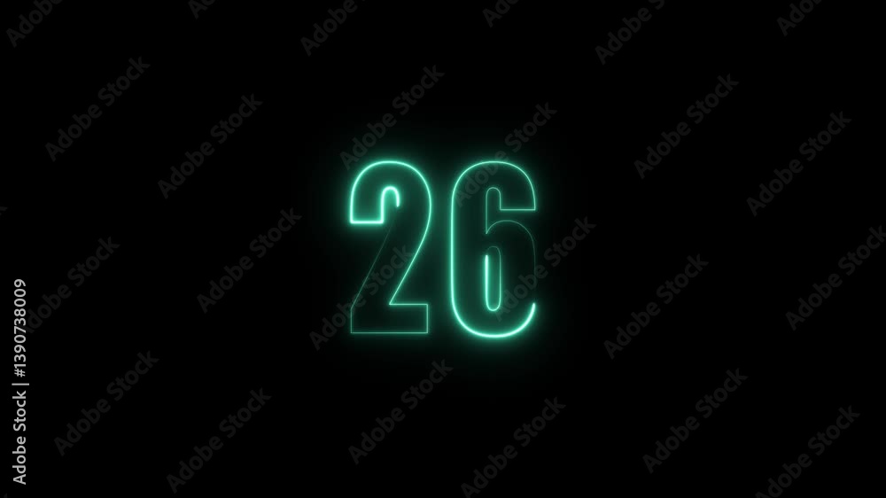 Poster abstract glowing neon text 26 number countdown icon. glowing sign on black background neon number. g