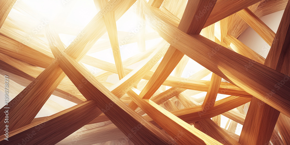Poster abstract image of interwoven light brown wooden beams creating a complex geometric structure, showca