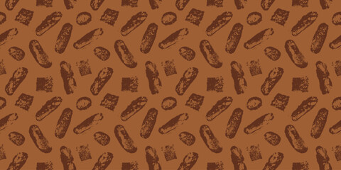 Fototapeta premium Bakery background with bread drawing pattern. Vector brown bread slices and white baguette illustrations. Rustic traditional food concept. Bakery products vector