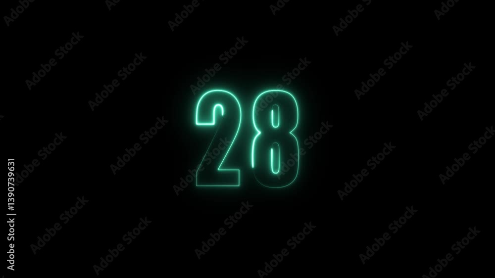 Poster abstract glowing neon text 28 number countdown icon. glowing sign on black background neon number. g