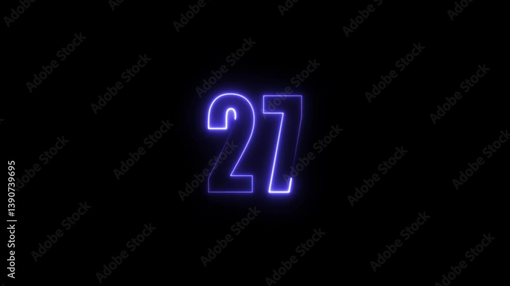 Poster abstract glowing neon text 27 number countdown icon. glowing sign on black background neon number. g