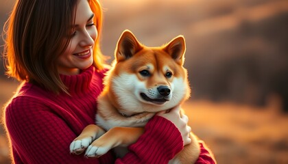 Happy Woman Hugging Shiba Inu Dog Outdoors at Sunset in Autumn