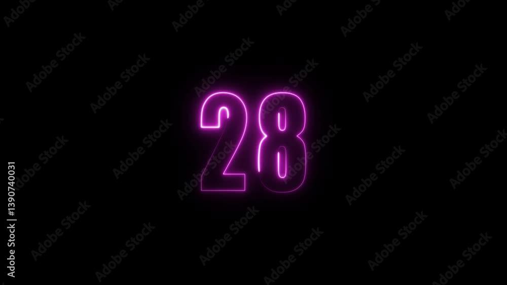 Poster abstract glowing neon text 28 number countdown icon. glowing sign on black background neon number. g