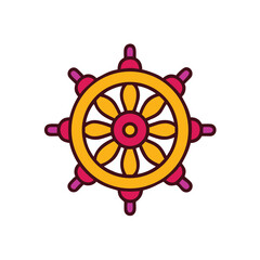 Obraz premium Buddhist Dharma Wheel Symbol In Gold And Red Flat Design Style