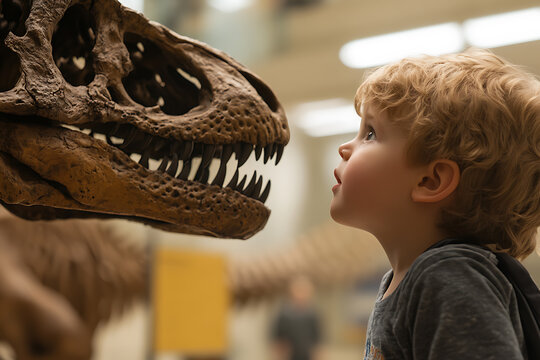 Fototapeta Young boy gazes in wonder at a large dinosaur skull. Museum visit with fascinating exhibits inspires the child's curiosity and love for paleontology.