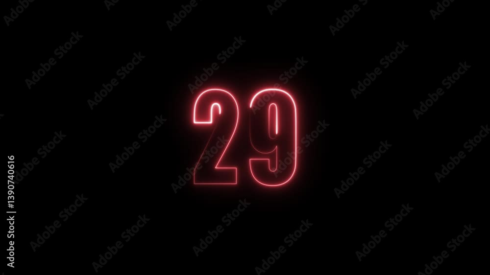 Poster abstract glowing neon 29 text number countdown icon. glowing sign on black background neon number. g