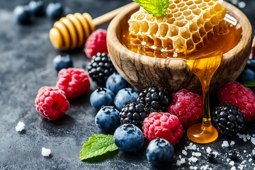 Honeycomb dripping with golden honey and fresh berries in a rustic wooden bowl
