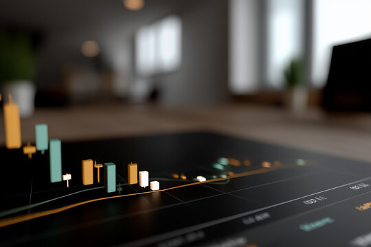 An abstract digital composition featuring layered financial chart elements such as glowing candlestick patterns, smooth curved line graphs, and faint grid overlays