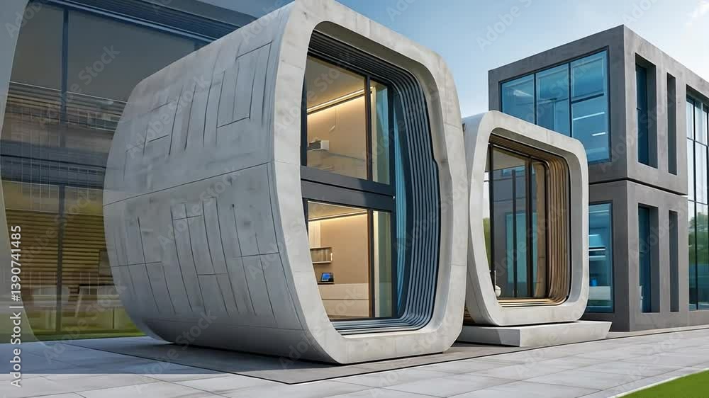 Poster modular houses in modern architecture reflecting innovative design generative ai