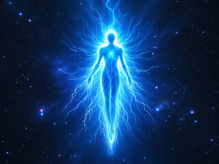 Glowing silhouette of a figure radiating electric energy against a cosmic night sky.