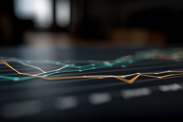 An abstract digital composition featuring layered financial chart elements such as glowing candlestick patterns, smooth curved line graphs, and faint grid overlays