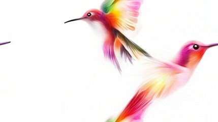 Obraz premium Two vibrant hummingbirds soaring in tandem against a pristine backdrop, one diverging from the lens, while the other drifts off-camera