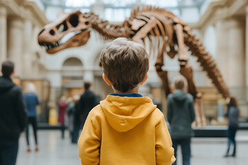 Child viewing dinosaur skeleton at museum, discovering past, learning about science and history in expansive hall. Educational exploration for kids.