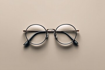 A pair of round eyeglasses on a beige background