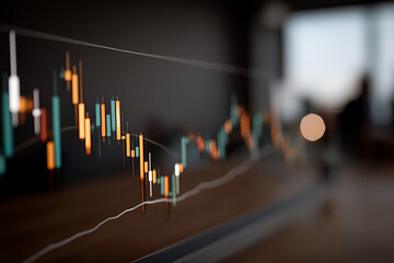 An abstract digital composition featuring layered financial chart elements such as glowing candlestick patterns, smooth curved line graphs, and faint grid overlays