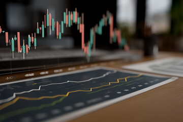 An abstract digital composition featuring layered financial chart elements such as glowing candlestick patterns, smooth curved line graphs, and faint grid overlays