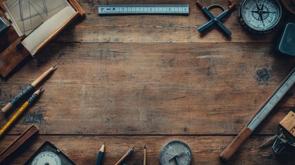 Vintage drafting tools on wood, design space, background