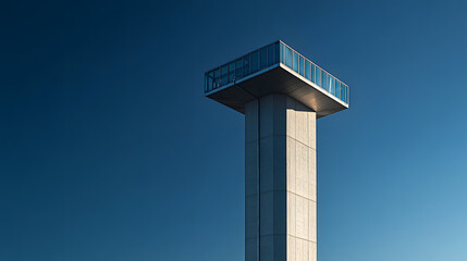 Fototapeta premium Minimalist architectural marvel featuring a robust concrete tower crowned with a glass observation deck against a clean, deep blue sky. A symphony of lines and light.