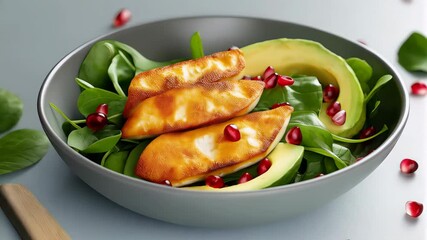 Delicious and healthy salad with fried cheese avocado spinach and pomegranate seeds in a bowl - Powered by Adobe