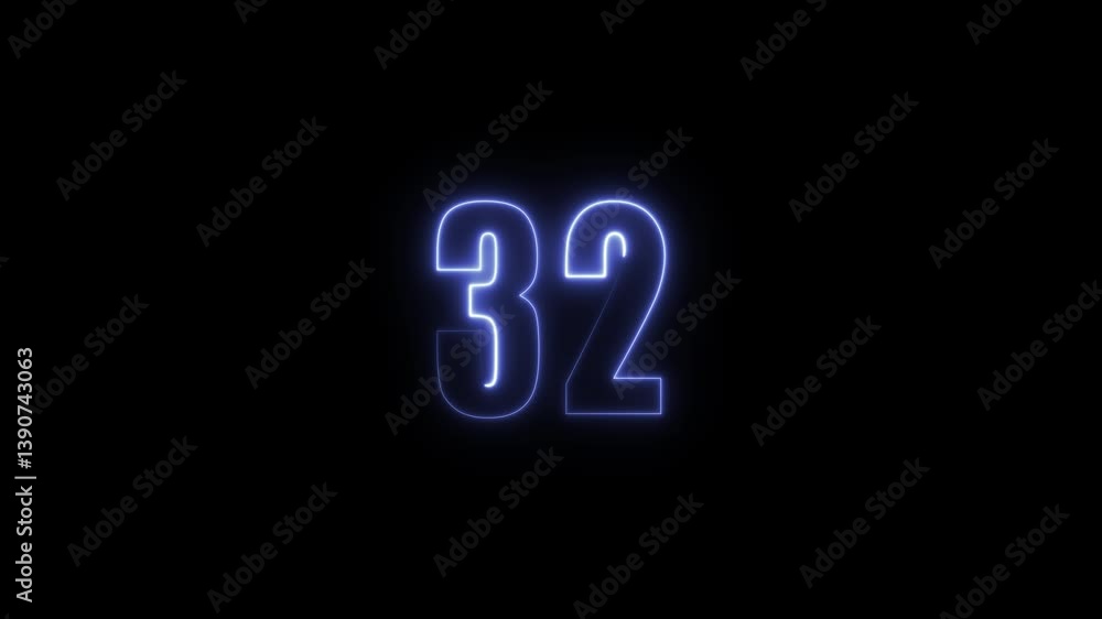 Poster abstract glowing neon text 32number countdown icon. glowing sign on black background neon number. gl