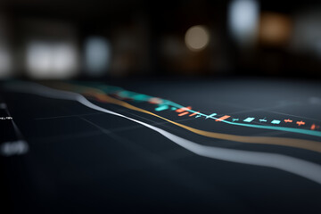 An abstract digital composition featuring layered financial chart elements such as glowing candlestick patterns, smooth curved line graphs, and faint grid overlays
