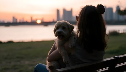 Woman Sitting on Bench with Dog at Sunset in Urban Riverside Park