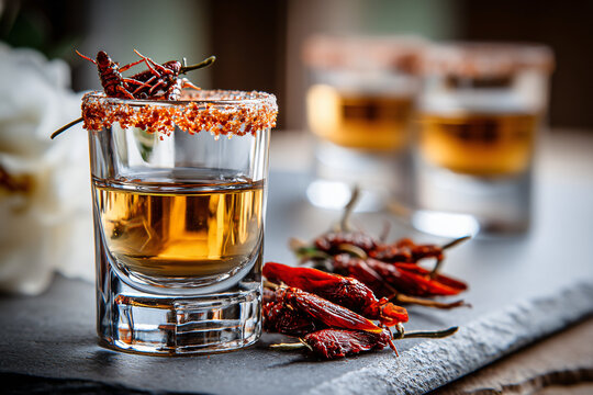 mezcal shot glass with sal de gusano rim and chapulines garnish on rustic bar surface