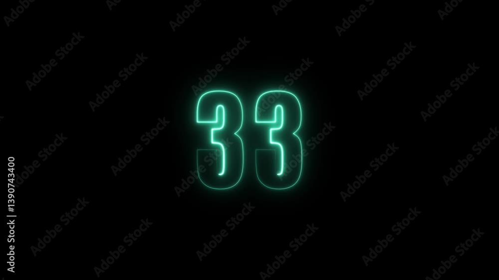 Poster abstract glowing neon text 33 number countdown icon. glowing sign on black background neon number. g