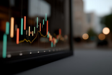 An abstract digital composition featuring layered financial chart elements such as glowing candlestick patterns, smooth curved line graphs, and faint grid overlays