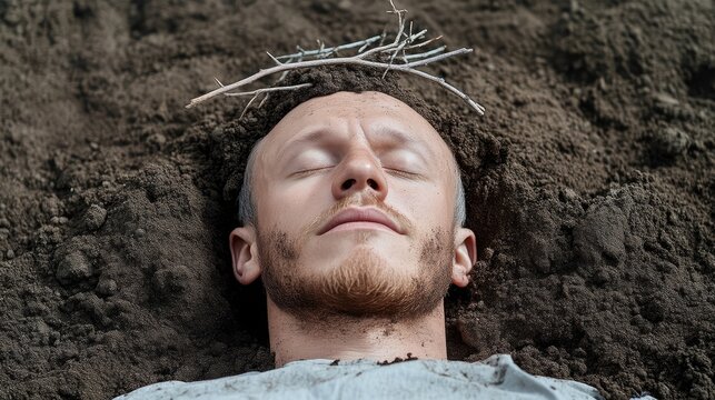 Man lying in soil, serene, crown of twigs