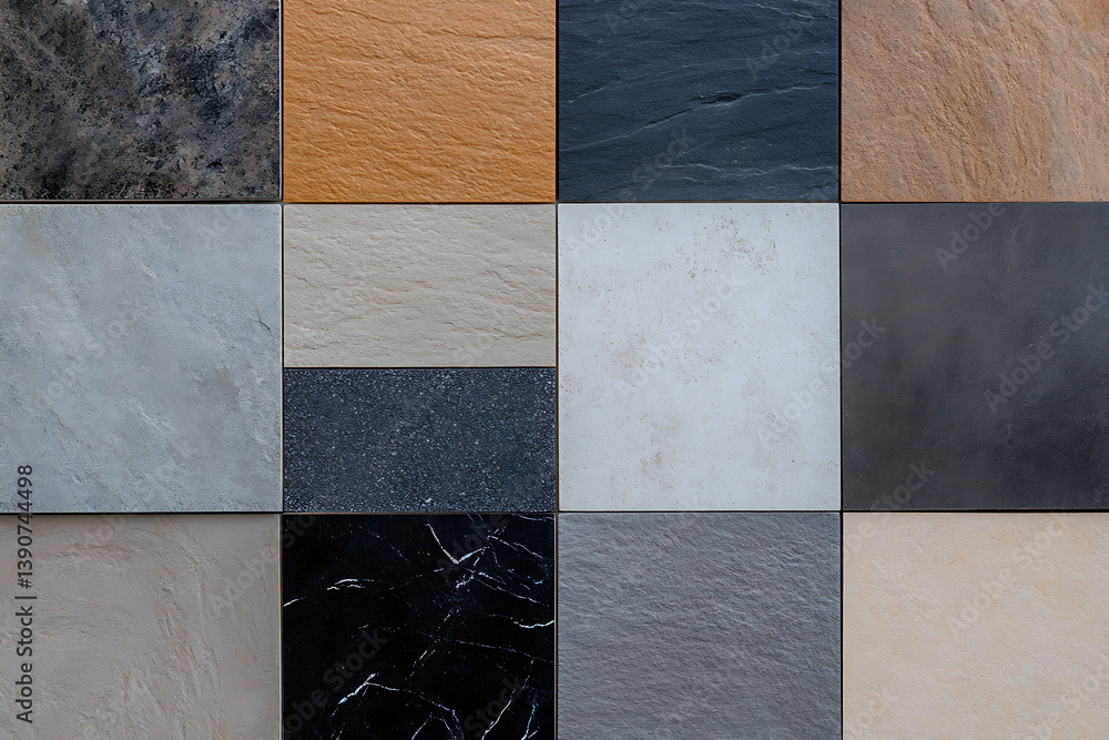 Poster variety of wall and floor ceramic or stone tiles with assorted textures and colors. seamless display