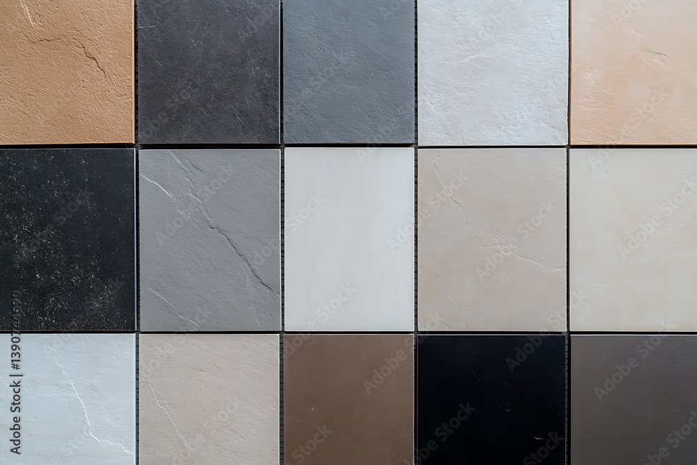 Poster a grid of square tiles featuring a variety of neutral tones and textures suitable for flooring or wa