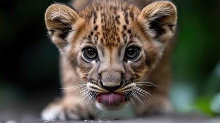 Fototapeta premium Close-up of a curious, adorable, young lion cub with large, expressive eyes, a slightly open mouth, and visible tongue. Its coat displays a rich, patterned mix of light and dark browns