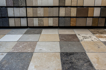 Tile selection for home improvement with a variety of natural stone options and patterns showcased on a floor and display rack. Interior design elements.
