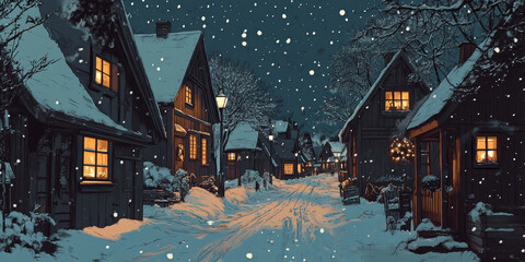 Fototapeta premium Vector scene of a snowy Scandinavian street with cozy wooden houses and warm light in windows.