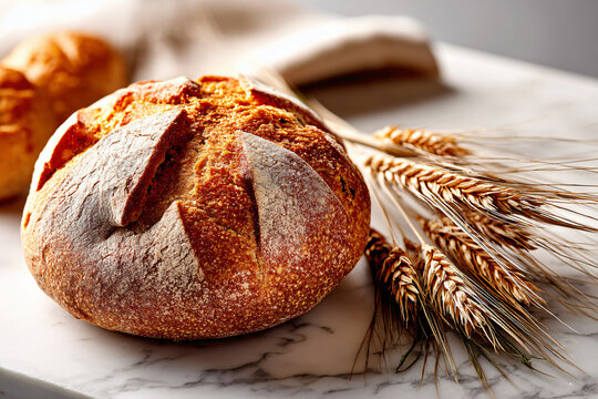 traditional round Catalan Pa de Pagès bread on white marble surface, wheat stalks arranged alongside