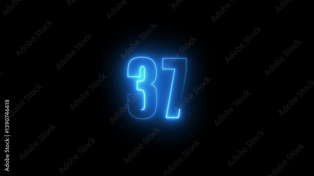 Poster abstract glowing neon text 37 number countdown icon. glowing sign on black background neon number. g