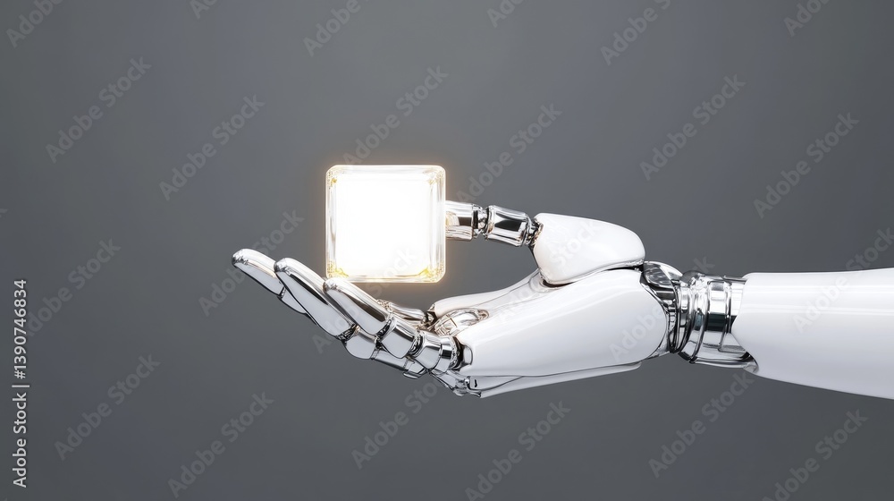 Aufkleber robotic hand holding a glowing cube. a white robotic arm holds a luminous square object against a ne