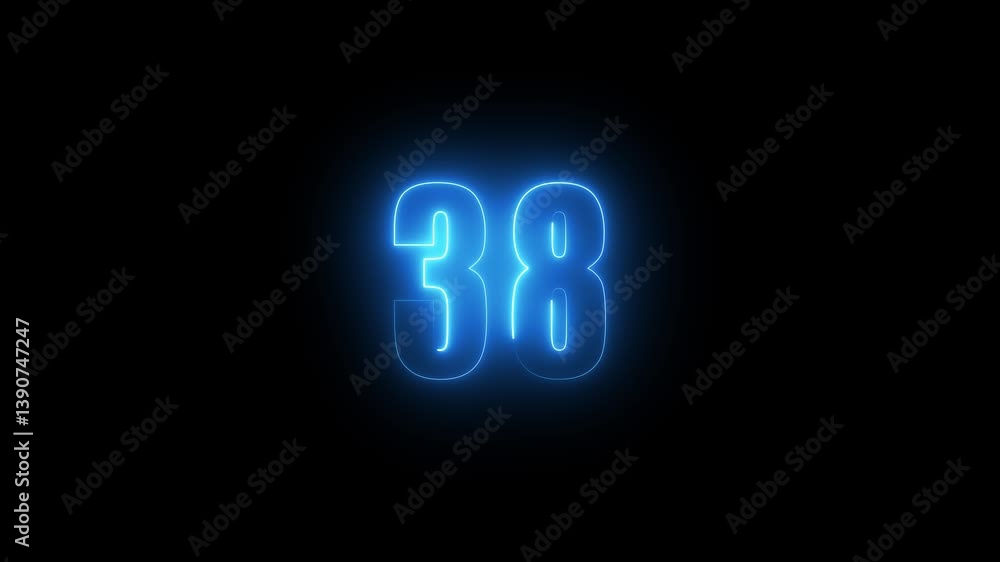 Poster abstract glowing neon text 38 number countdown icon. glowing sign on black background neon number. g