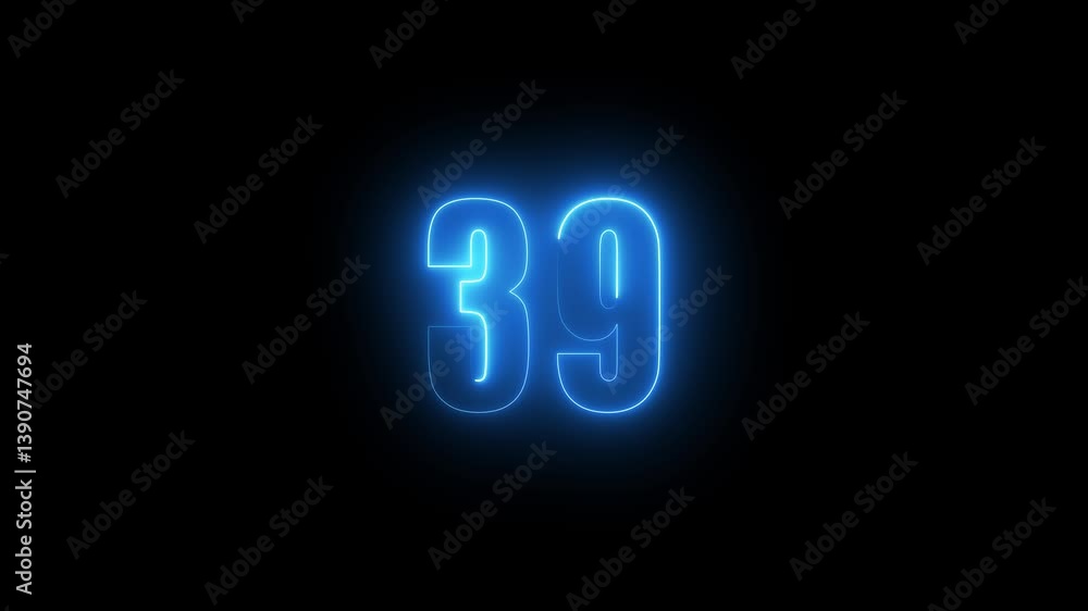 Fototapete abstract glowing neon text 39 number countdown icon. glowing sign on black background neon number. g