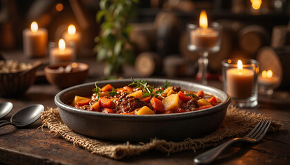 table set with a bowl of hunter's stew as the centerpiece, cozy dining room with soft lit candles on the table, evening ambiance with warm tones