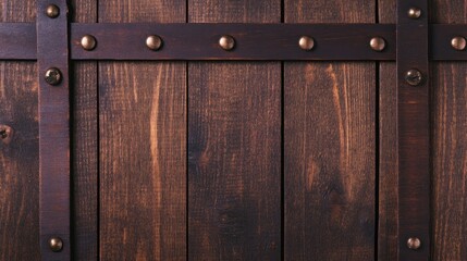Fototapeta premium Dark wood planks, metal bands, rivets, background texture, rustic design