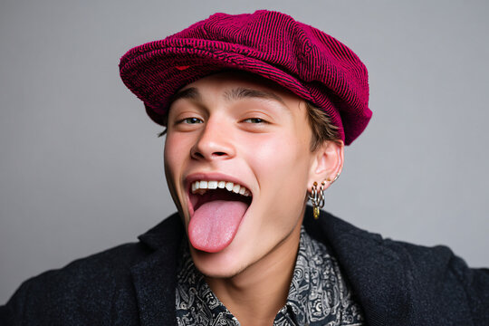 eccentric young man with magenta wool cap pulling funny face