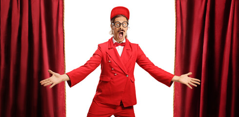 Entertainer in a red suit on a theatre stage