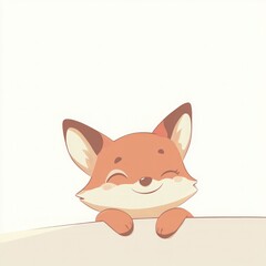 Obraz premium Happy fox peeking over sign, white background, children's book illustration