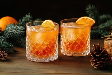 Festive Whiskey Elixir: Spicy Bourbon Cocktail with Orange Notes, Surrounded by Christmas Cheer and Rustic Decor