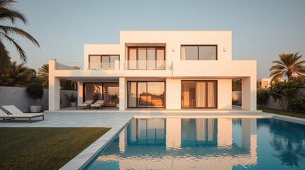 Fototapeta premium A modern house with a pool, captured in a vibrant aerial view, showcasing clean design and tropical elegance.