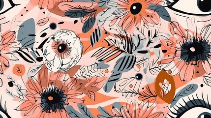 Whimsical Floral and Eye Pattern, Playful and Surreal, Decorative Textile Design, Seamless Pattern
